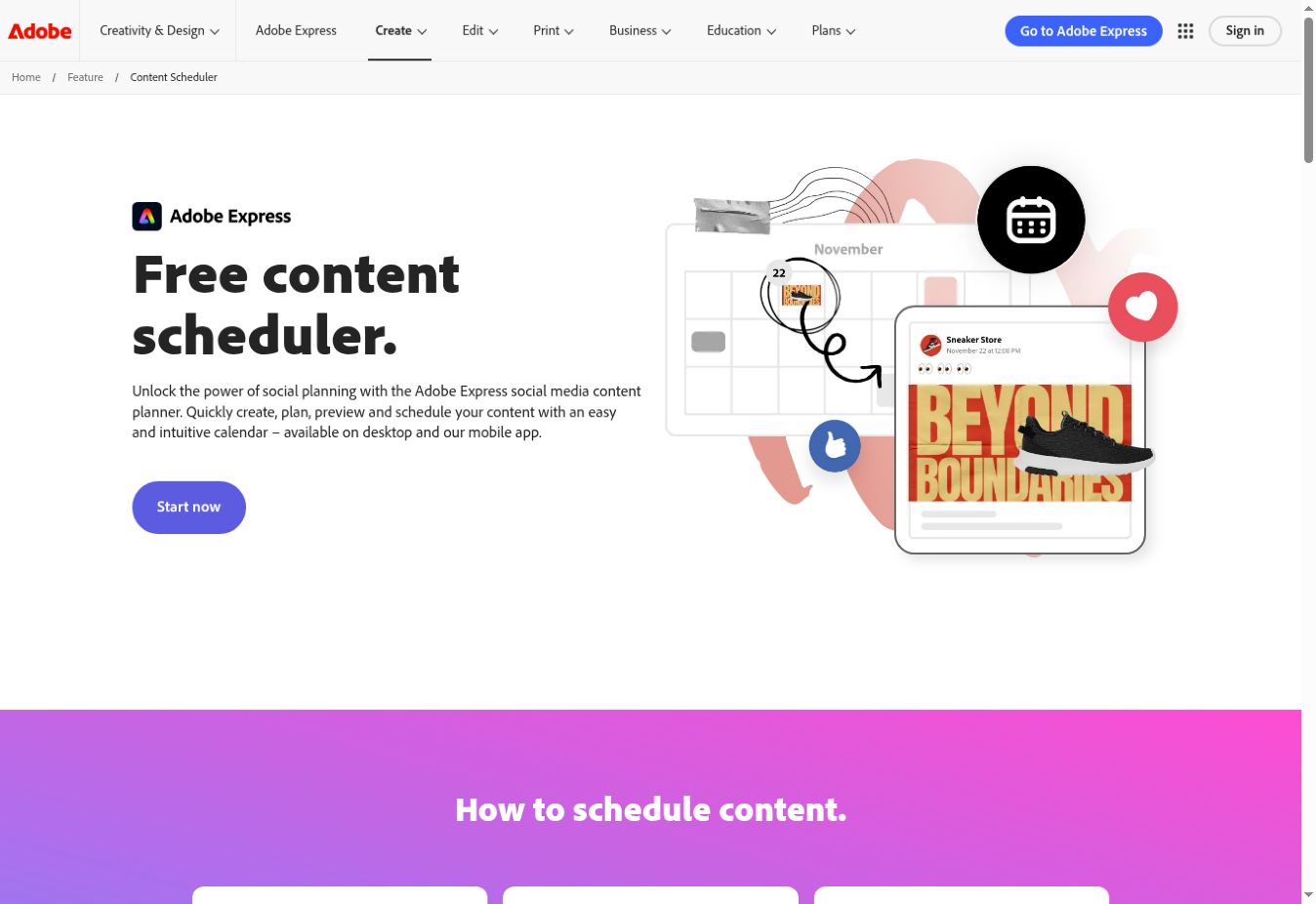 Adobe Express official page presenting its free content scheduler and calendar illustration