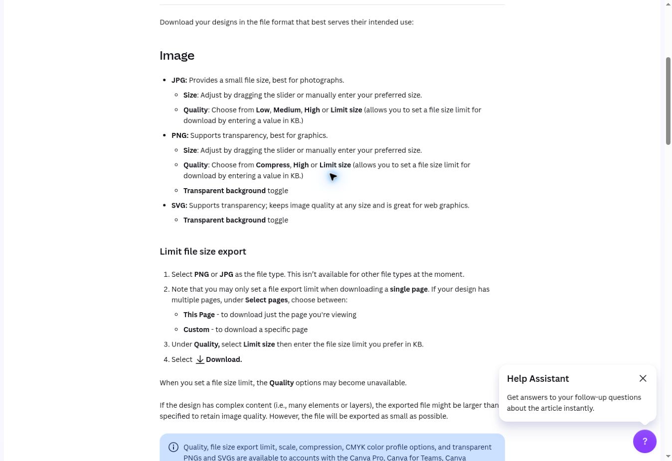 Canva Help explaining JPG and PNG file types, quality choices, and the single-page file-size limit