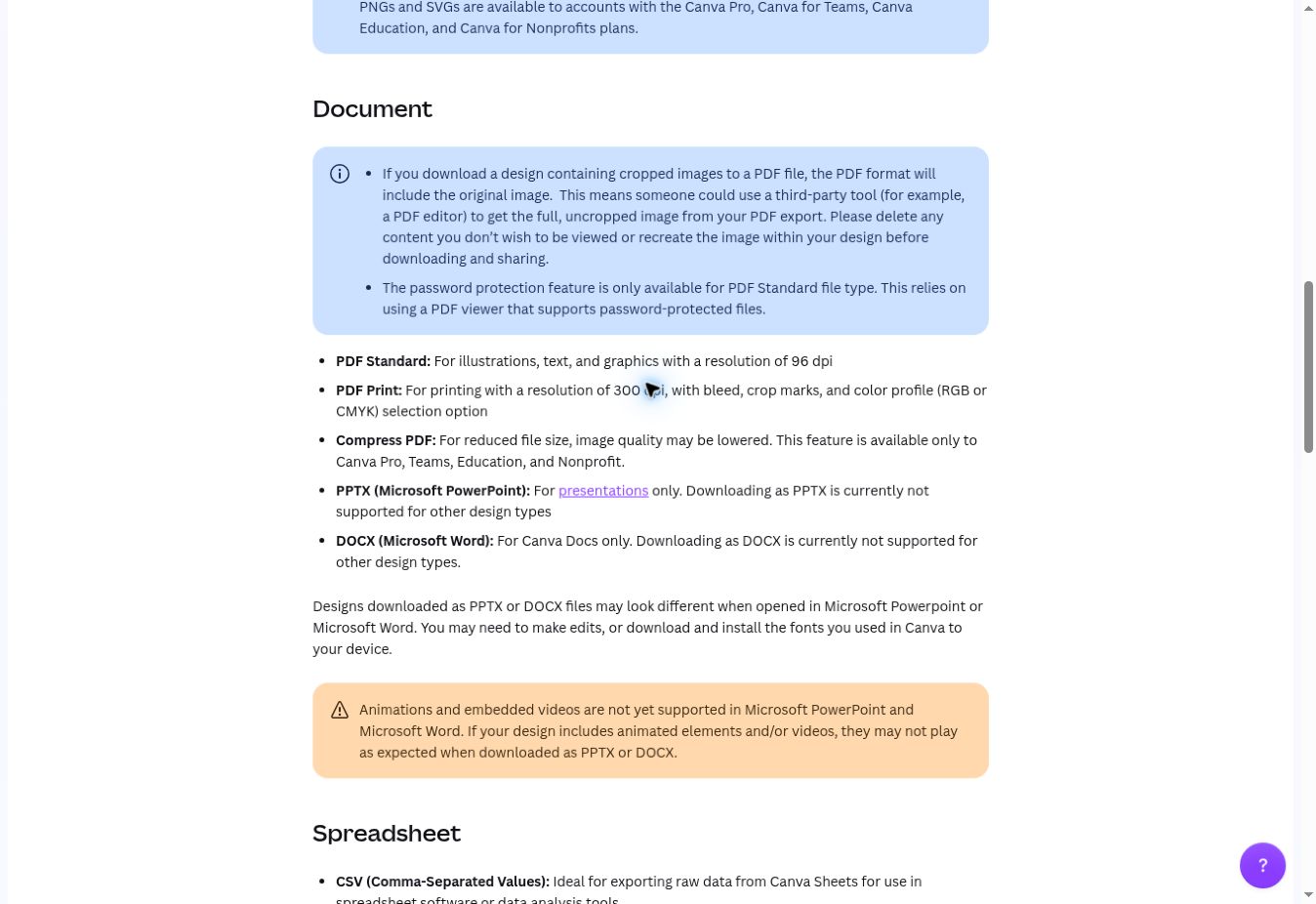 Canva Help comparing PDF Standard and PDF Print and warning that PDF exports retain uncropped images