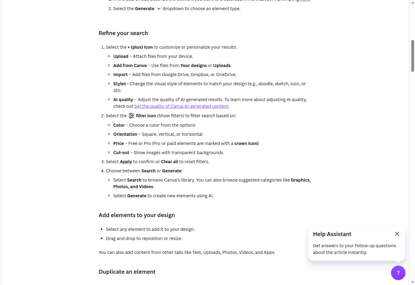 Canva help guidance listing the Free and Pro price filter and crown badges for paid elements