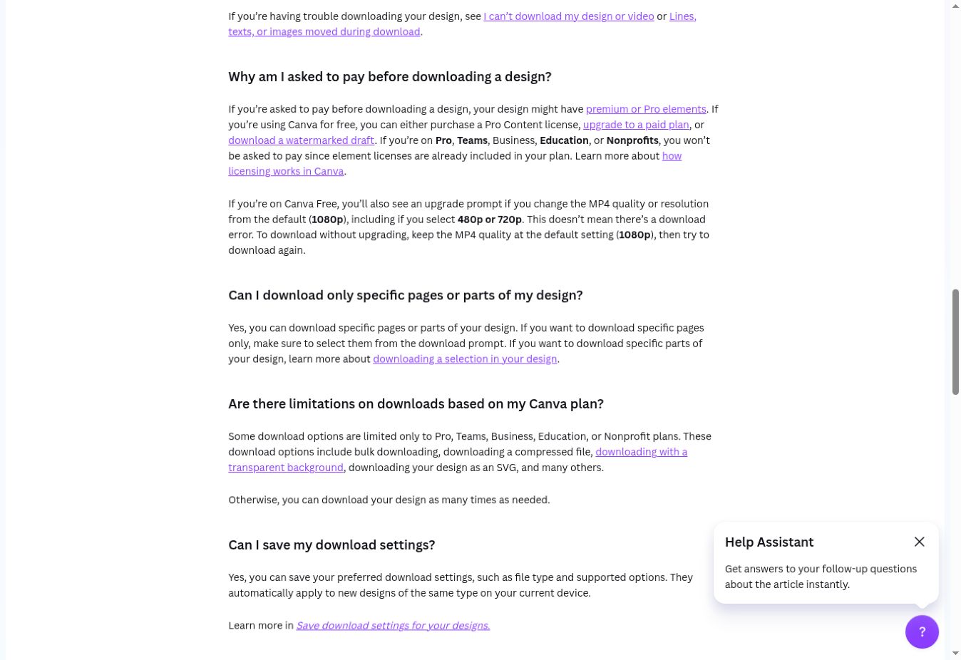 Canva download help explaining payment prompts for premium content and plan-limited export settings