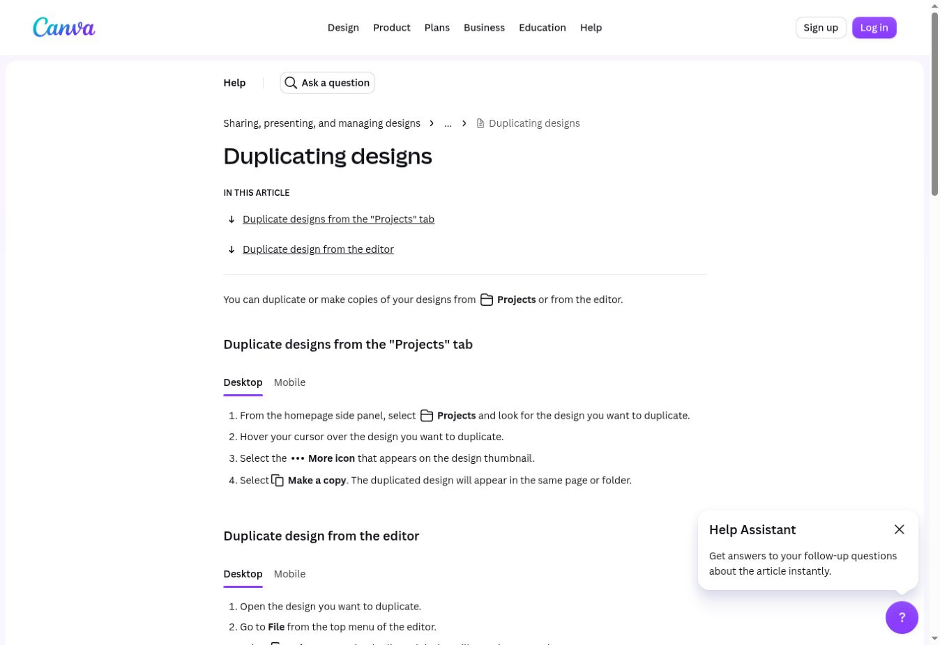 Canva Help Center showing how to make a copy of a design from Projects or the editor