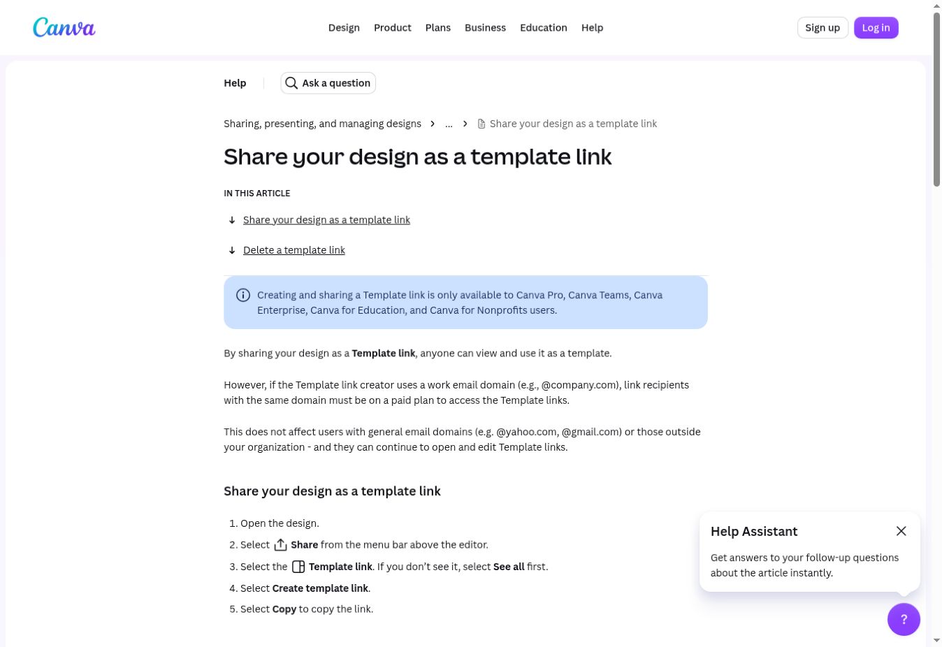 Canva Help Center showing eligible plans and the steps for creating a Template link