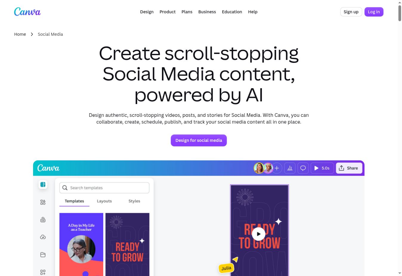 Canva official social media page showing its creator workflow and a social post editor illustration