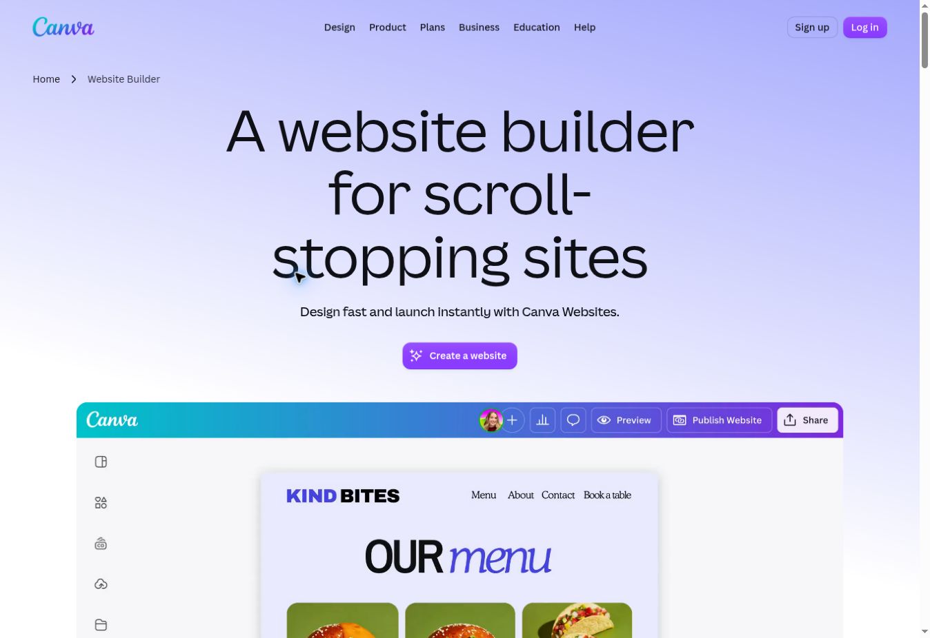 Canva Websites page showing its no-code website builder and a website preview