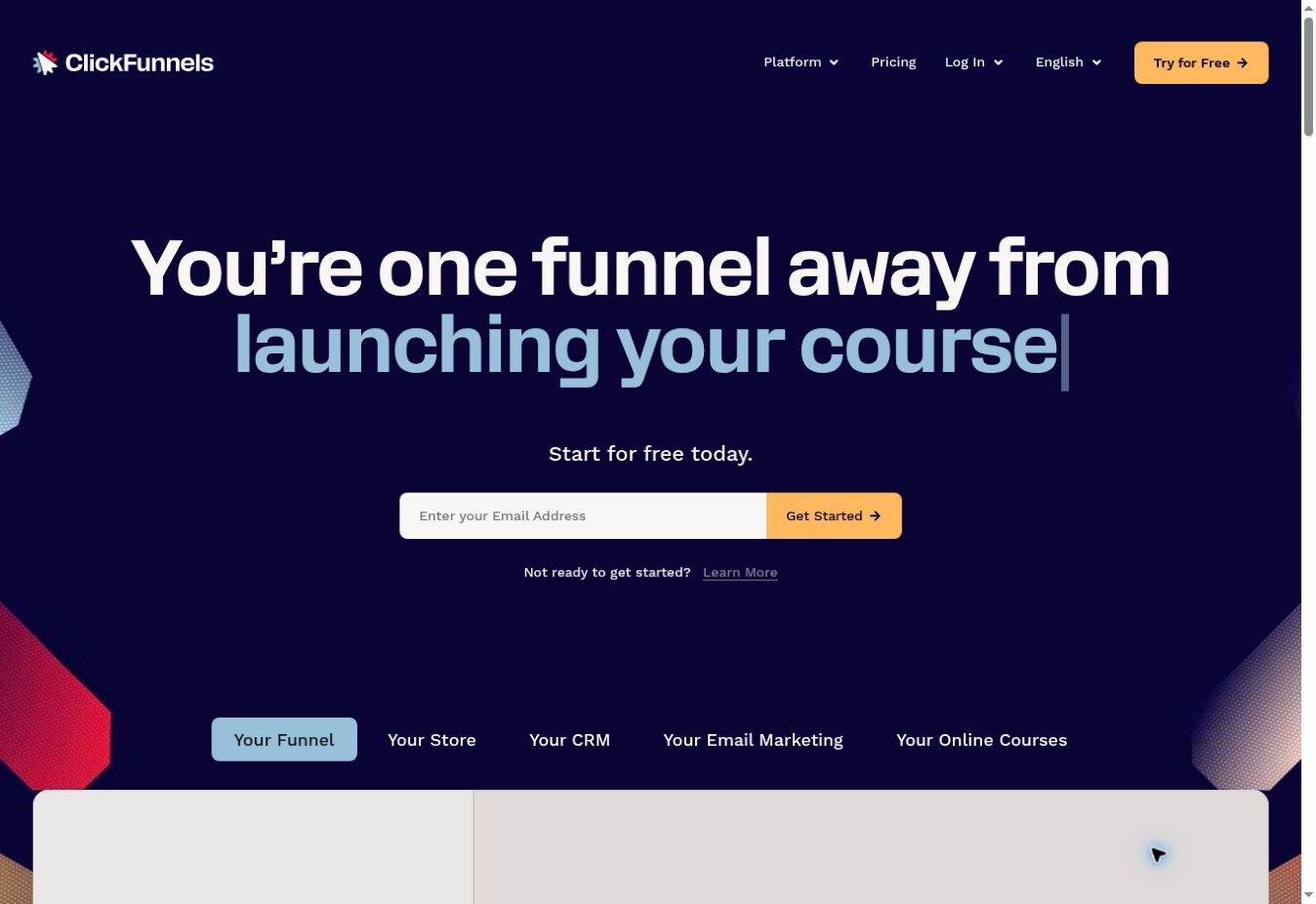ClickFunnels homepage showing its funnel platform and course launch introduction