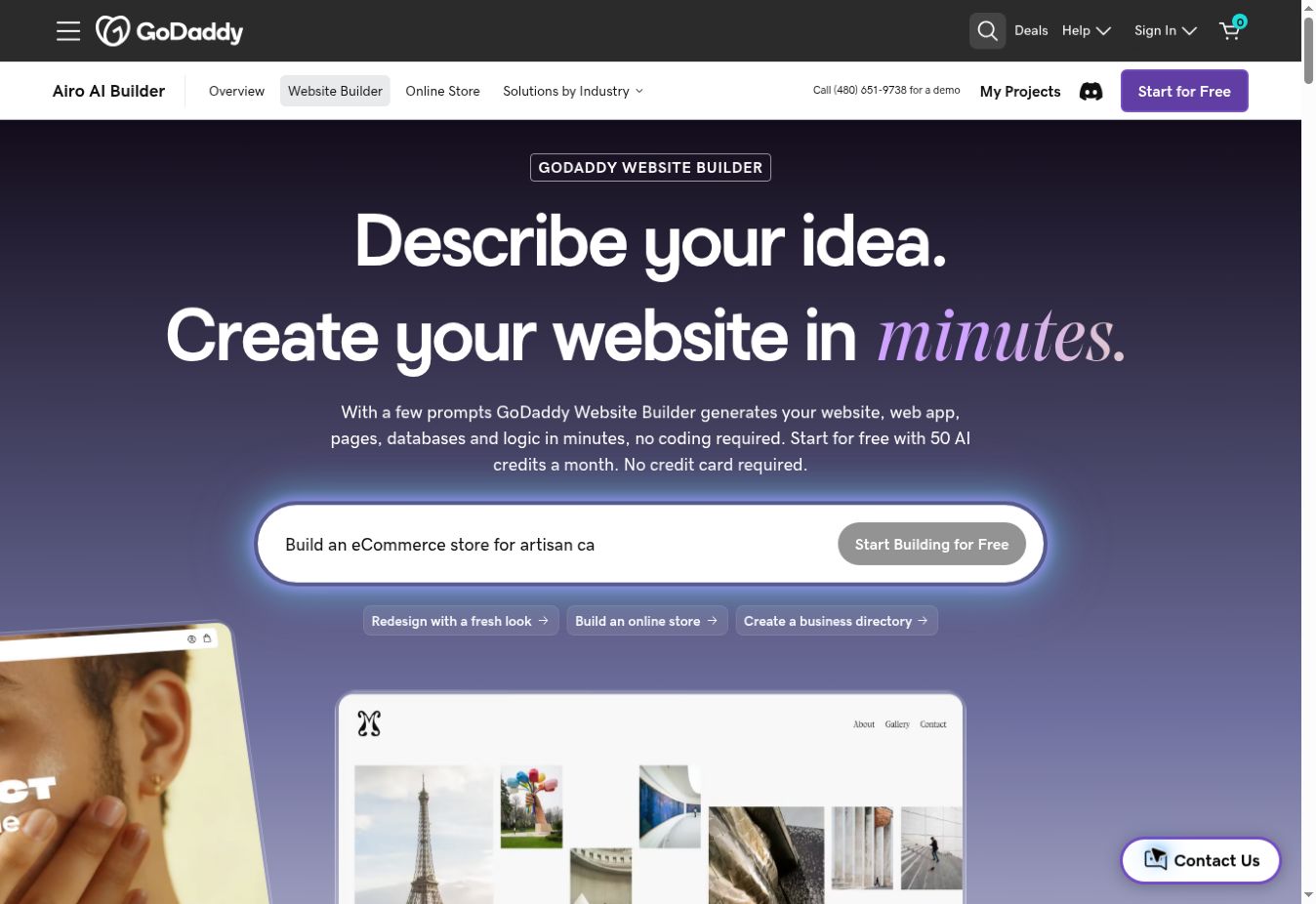 GoDaddy Website Builder page showing its AI website creation introduction