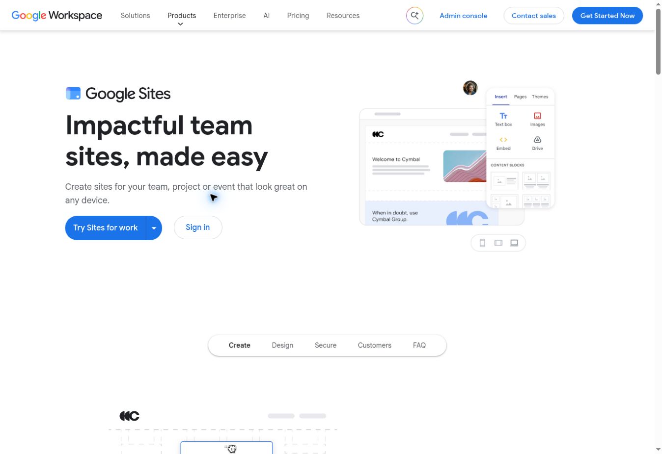 Google Sites product page showing its team-site introduction and an editor illustration