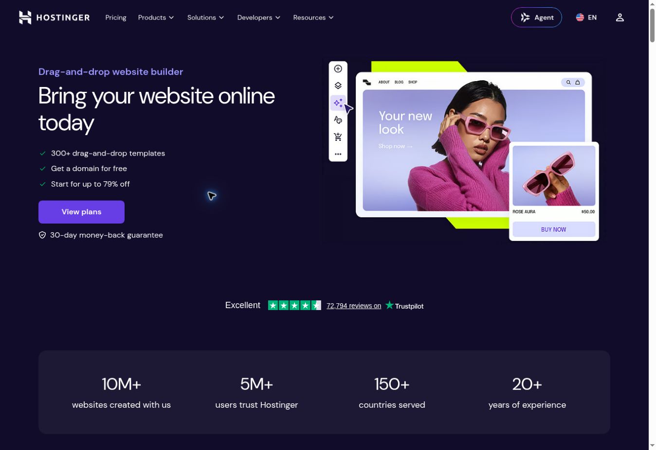 Hostinger Website Builder page showing its drag-and-drop introduction and site preview