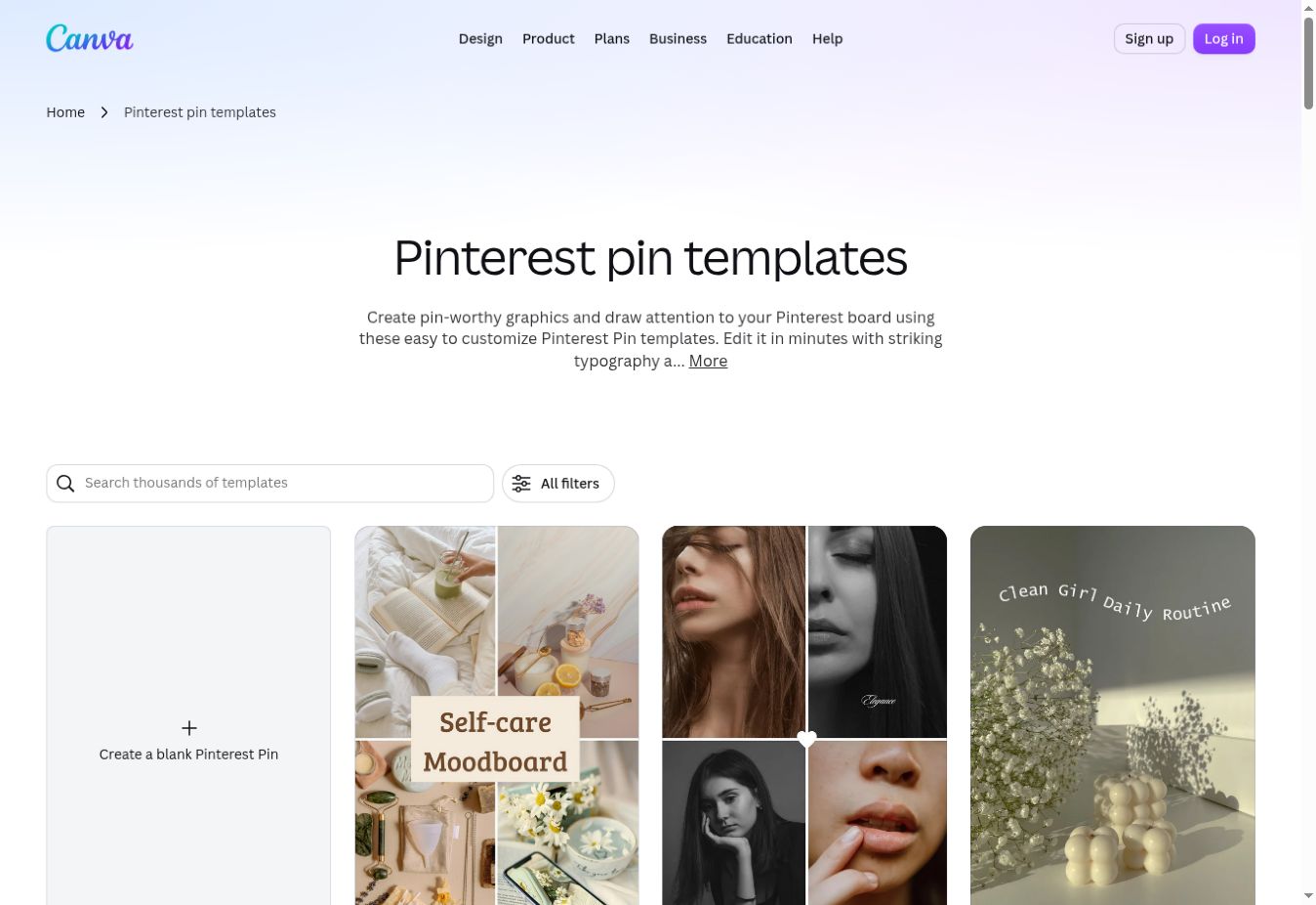 Canva Pinterest Pin gallery showing a blank design option and template previews