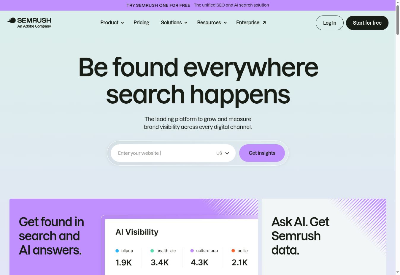 Semrush homepage showing its search visibility platform and website input