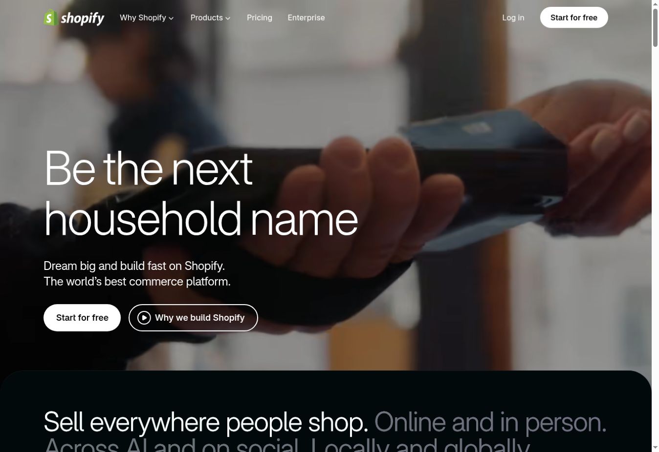 Shopify homepage showing its commerce platform introduction