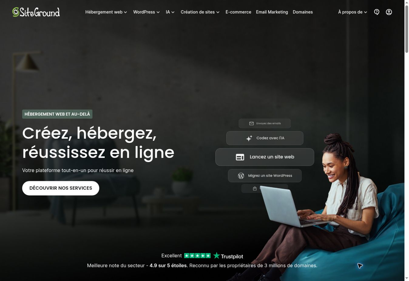 SiteGround French homepage showing its hosting and website services