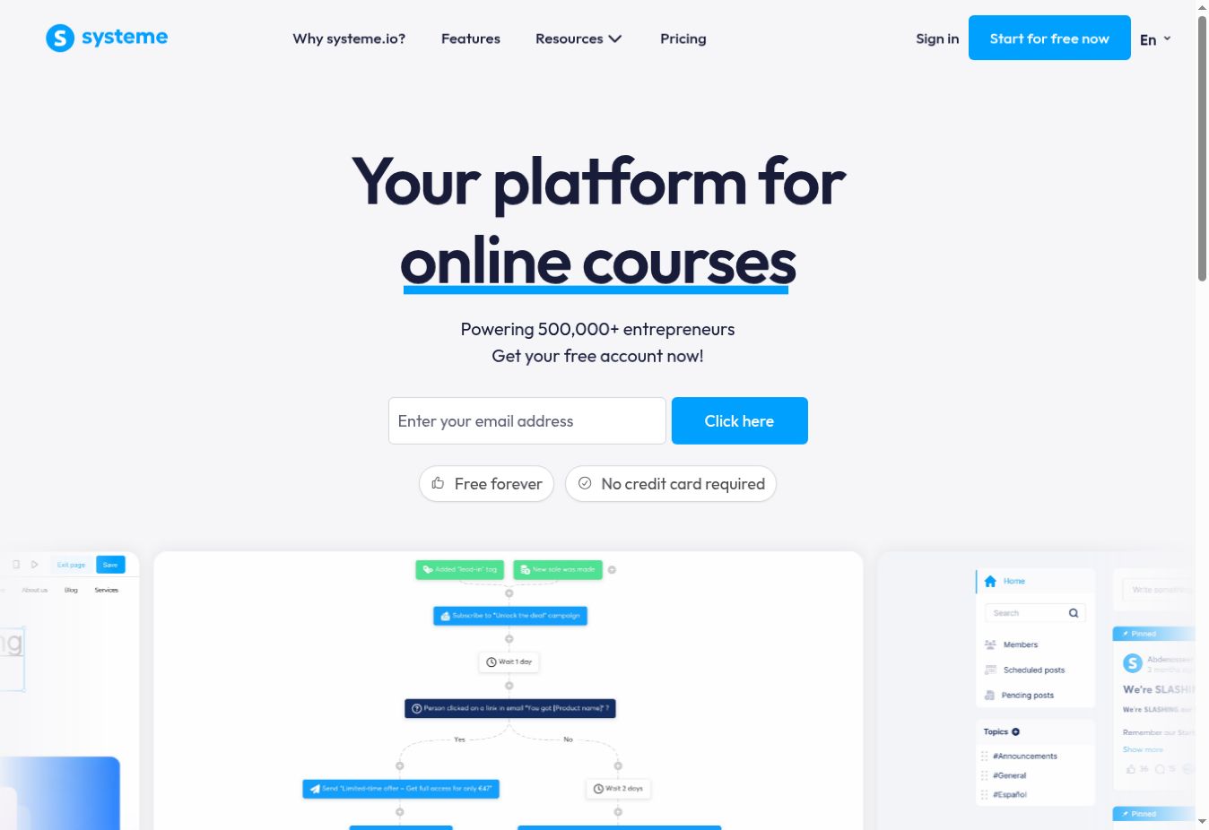 systeme.io homepage showing online courses and workflow previews