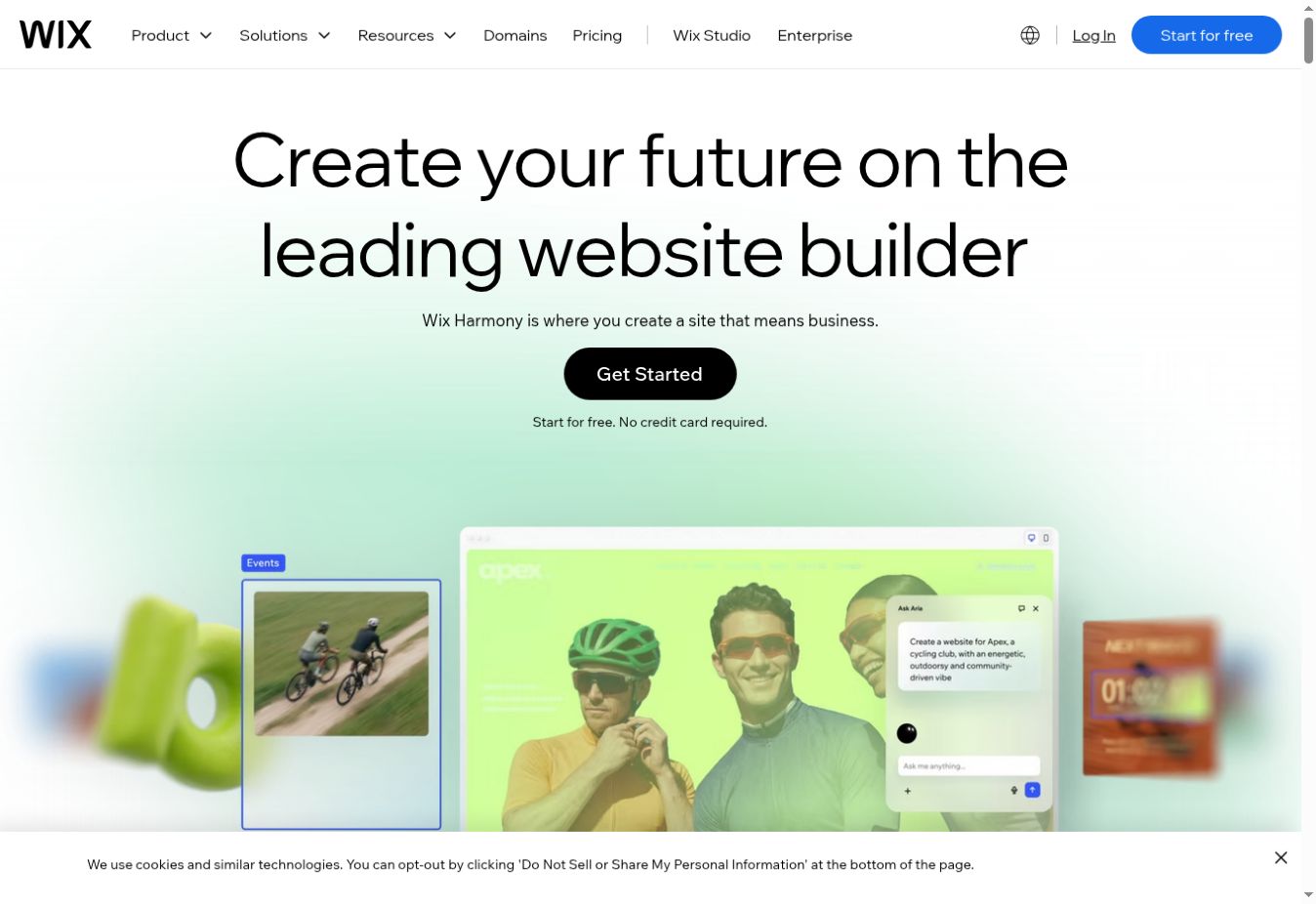 Wix homepage showing website creation and a website example