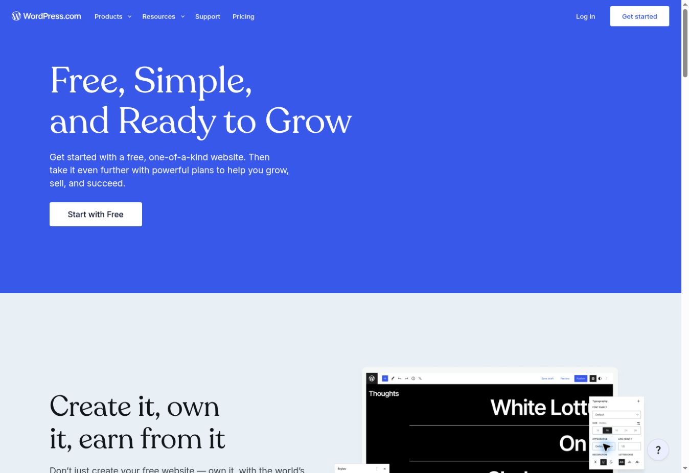 WordPress.com free website page showing its free-site introduction and editor preview