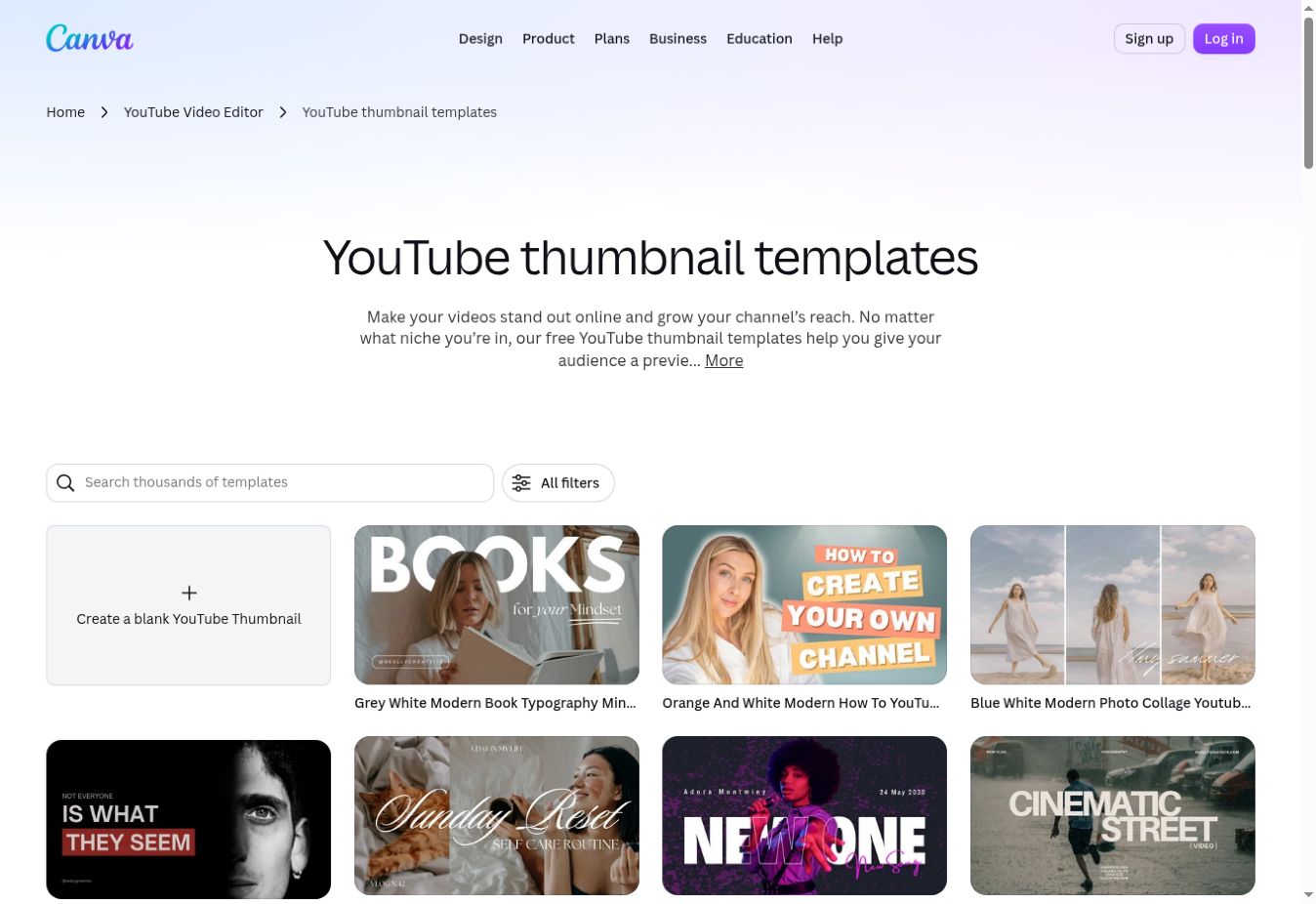 Canva YouTube thumbnail gallery showing example layouts and a blank thumbnail option